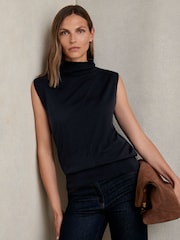 Reiss Navy Harper Wool Slouched Sleeveless Top - Image 1 of 5