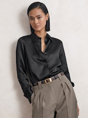 Reiss Black Ameira Silk-Satin Concealed-Placket Shirt - Image 1 of 6