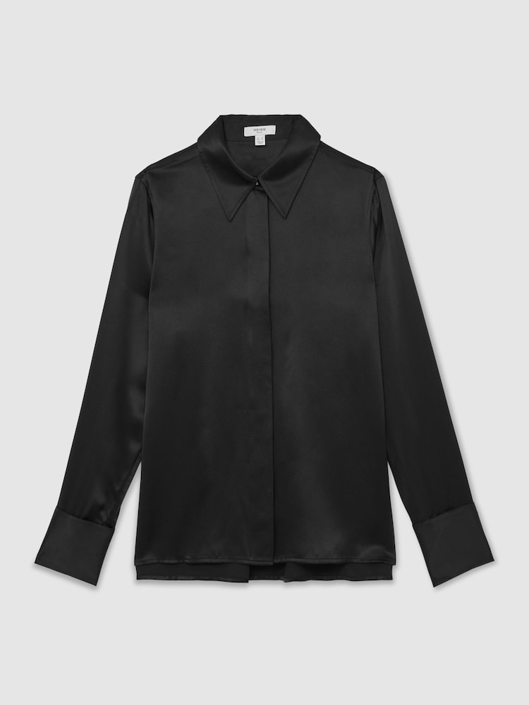 Reiss Black Ameira Silk-Satin Concealed-Placket Shirt - Image 2 of 6