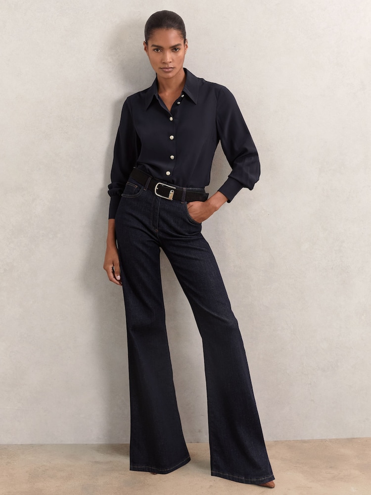 Reiss Navy Gianna Silk Embossed-Button Shirt - Image 1 of 6