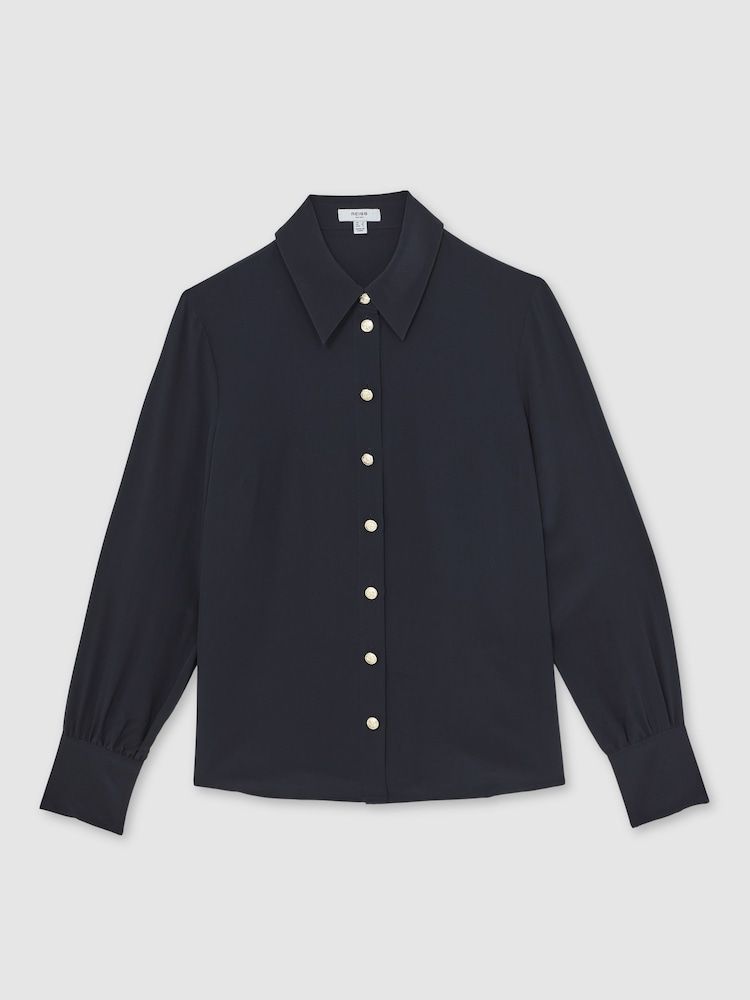 Reiss Navy Gianna Silk Embossed-Button Shirt - Image 2 of 6