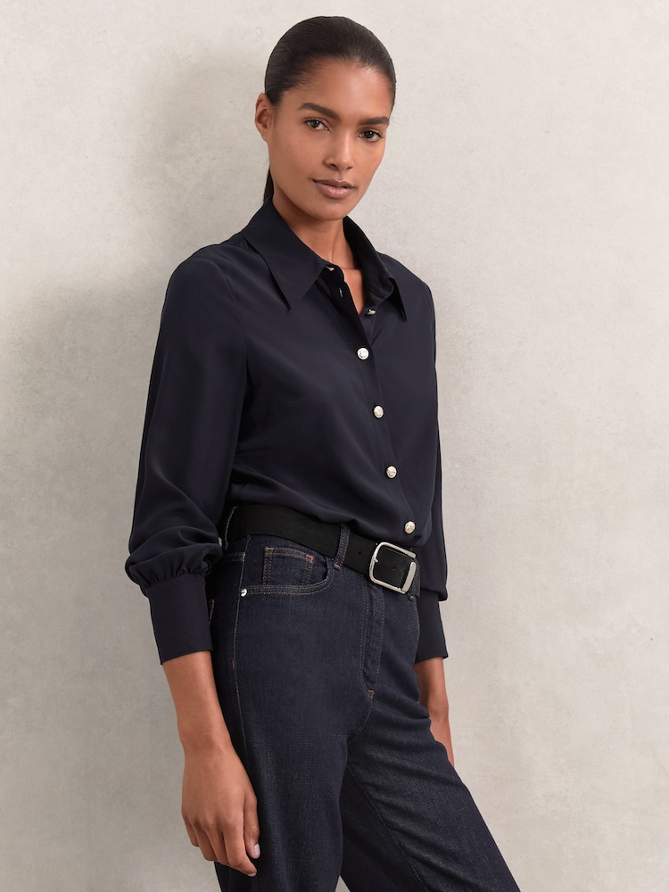 Reiss Navy Gianna Silk Embossed-Button Shirt - Image 6 of 6