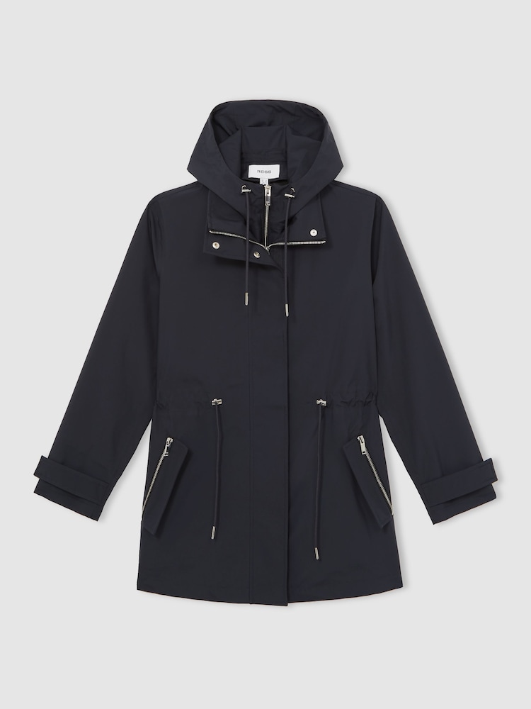 Reiss Navy Tia Removable-Hood Rain Coat - Image 2 of 7