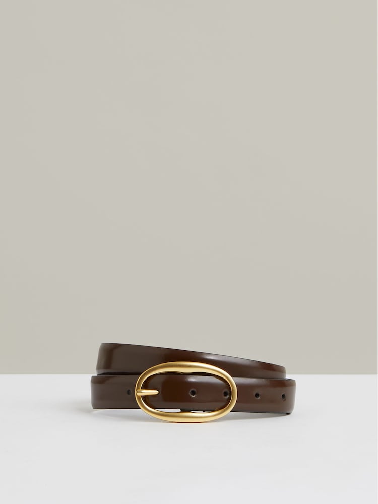 Reiss Chocolate Drew Patent-Leather Oval-Buckle Belt - Image 1 of 3 Reiss Chocolate Drew Patent-Leather Oval-Buckle Belt - Image 1 of 3
