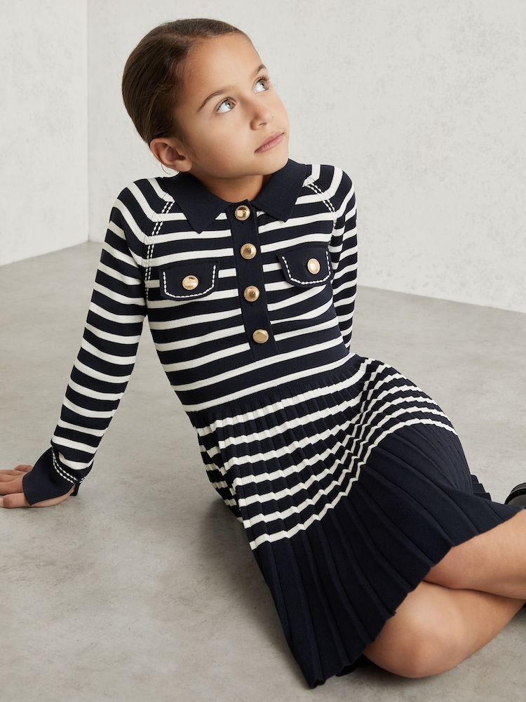 Reiss Navy/White Sapna 9-13 yrs Button-Detail Stripe Knitted Dress - Image 1 of 4 Reiss Navy/White Sapna 9-13 yrs Button-Detail Stripe Knitted Dress - Image 1 of 4
