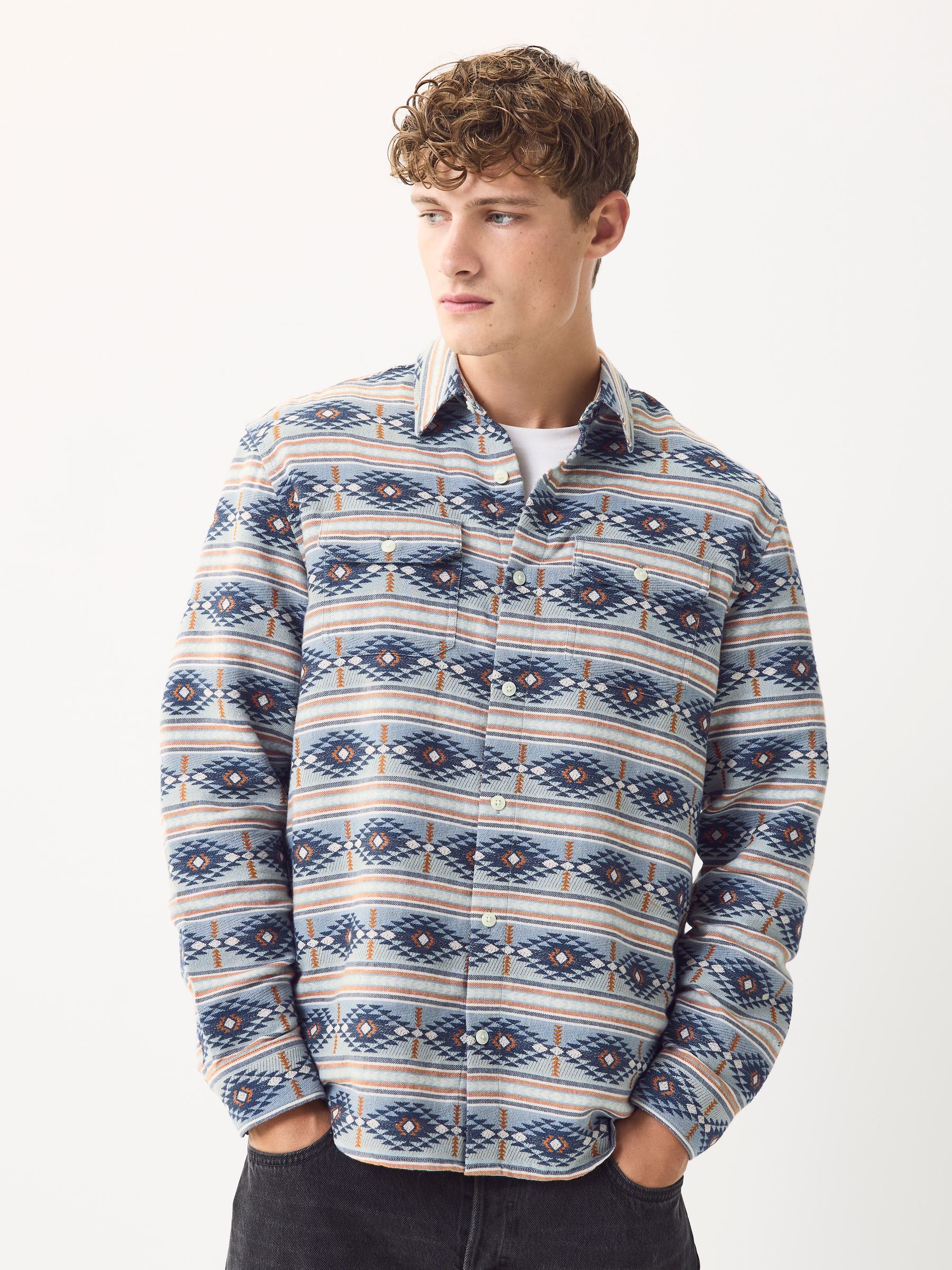 Blue Relaxed Fit Navajo Style Printed Long Sleeve Shirt