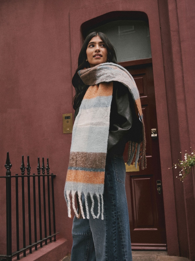 Blue/Orange Heavyweight Brushed Blanket Scarf - Image 1 of 8 Blue/Orange Heavyweight Brushed Blanket Scarf - Image 1 of 8