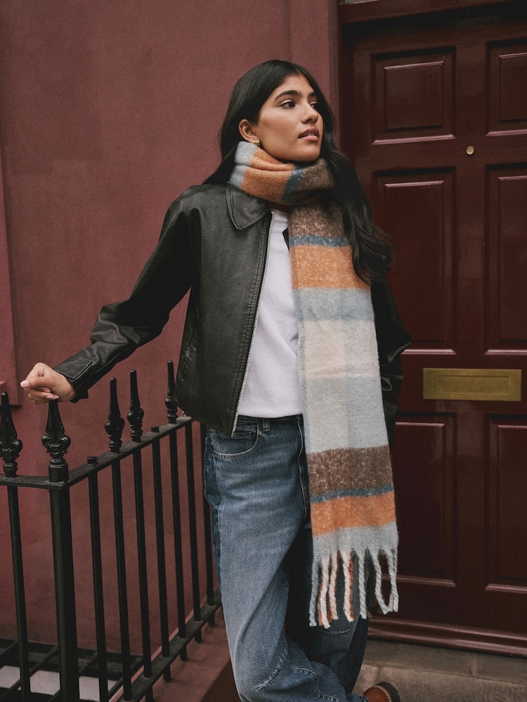 Blue/Orange Heavyweight Brushed Blanket Scarf - Image 2 of 8 Blue/Orange Heavyweight Brushed Blanket Scarf - Image 2 of 8