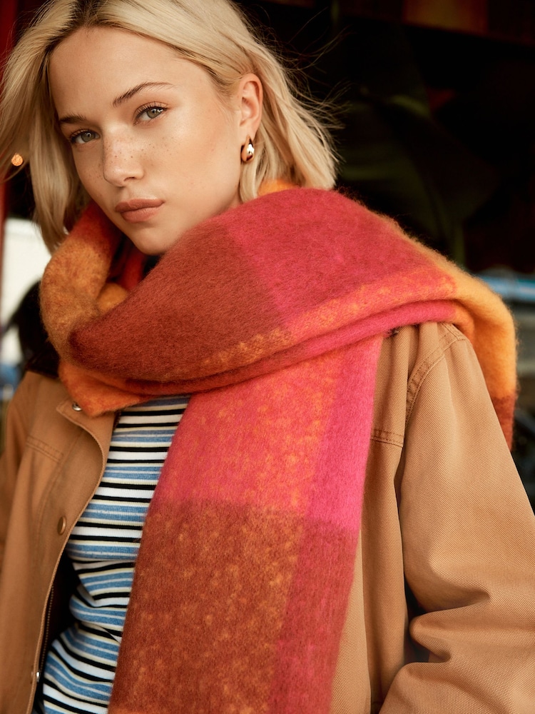 Pink/Orange Check Heavyweight Brushed Blanket Scarf - Image 1 of 7