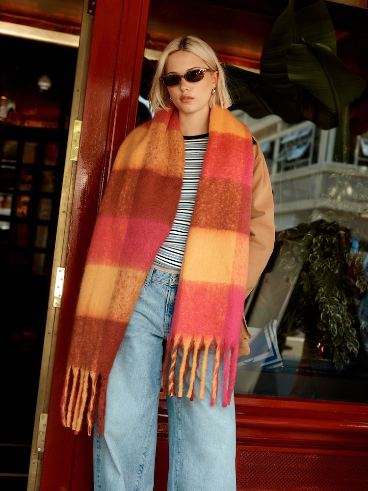 Pink/Orange Check Heavyweight Brushed Blanket Scarf - Image 2 of 7
