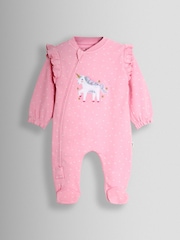 وردي وحيد القرن - JoJo Maman Bébé 100% Cotton Footed Frill Sleepsuit - Image 1 of 3