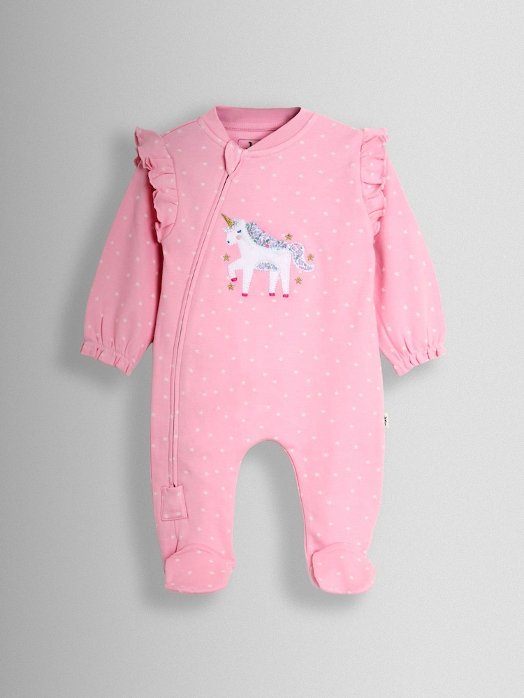 وردي وحيد القرن - JoJo Maman Bébé 100% Cotton Footed Frill Sleepsuit - Image 1 of 3