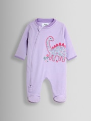 أرجواني ديناصور - JoJo Maman Bébé 100% Cotton Footed Stripe Appliqué Sleepsuit - Image 1 of 3