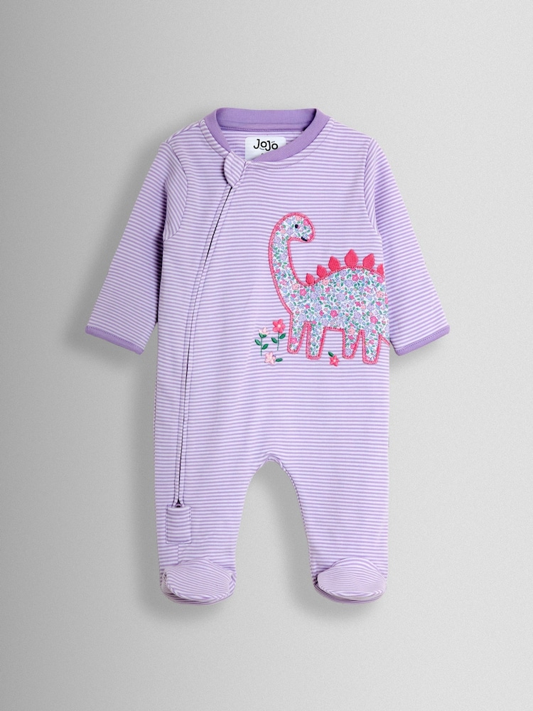 أرجواني ديناصور - JoJo Maman Bébé 100% Cotton Footed Stripe Appliqué Sleepsuit - Image 1 of 3