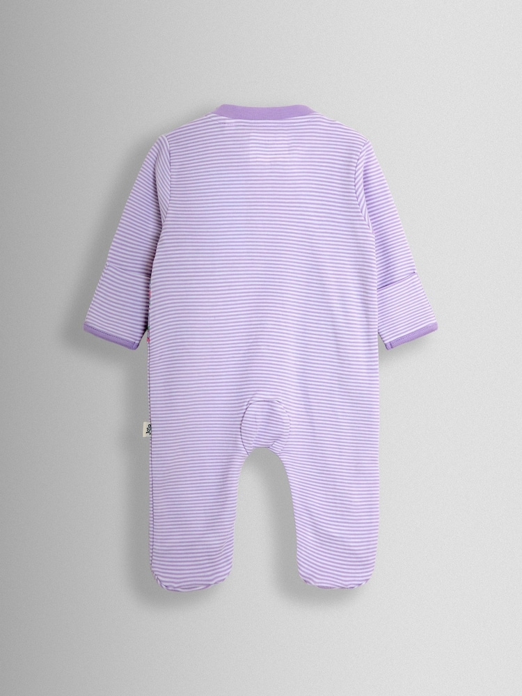 أرجواني ديناصور - JoJo Maman Bébé 100% Cotton Footed Stripe Appliqué Sleepsuit - Image 2 of 3