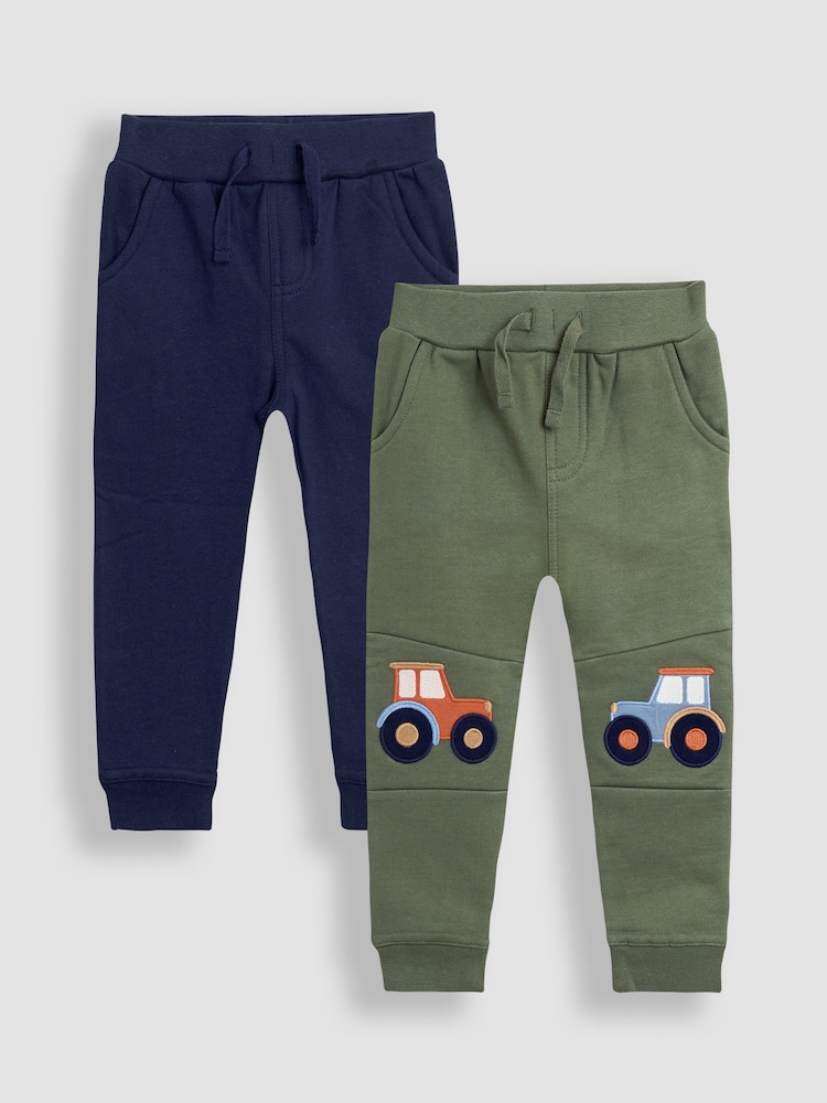 JoJo Maman Bébé Khaki Green Tractor 2-Pack Appliqué Knee & Plain Joggers - Image 1 of 6 JoJo Maman Bébé Khaki Green Tractor 2-Pack Appliqué Knee & Plain Joggers - Image 1 of 6