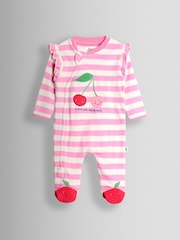 وردي كرز - JoJo Maman Bébé 100% Cotton Footed Frill Sleepsuit - Image 1 of 3