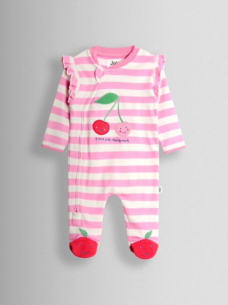 وردي كرز - JoJo Maman Bébé 100% Cotton Footed Frill Sleepsuit - Image 1 of 3