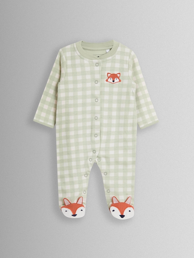 JoJo Maman Bébé Green Fox Character Appliqué Zip Footed Sleepsuit - Image 1 of 4