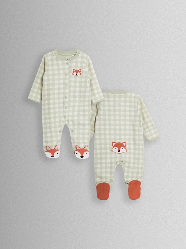 JoJo Maman Bébé Green Fox Character Appliqué Zip Footed Sleepsuit - Image 2 of 4