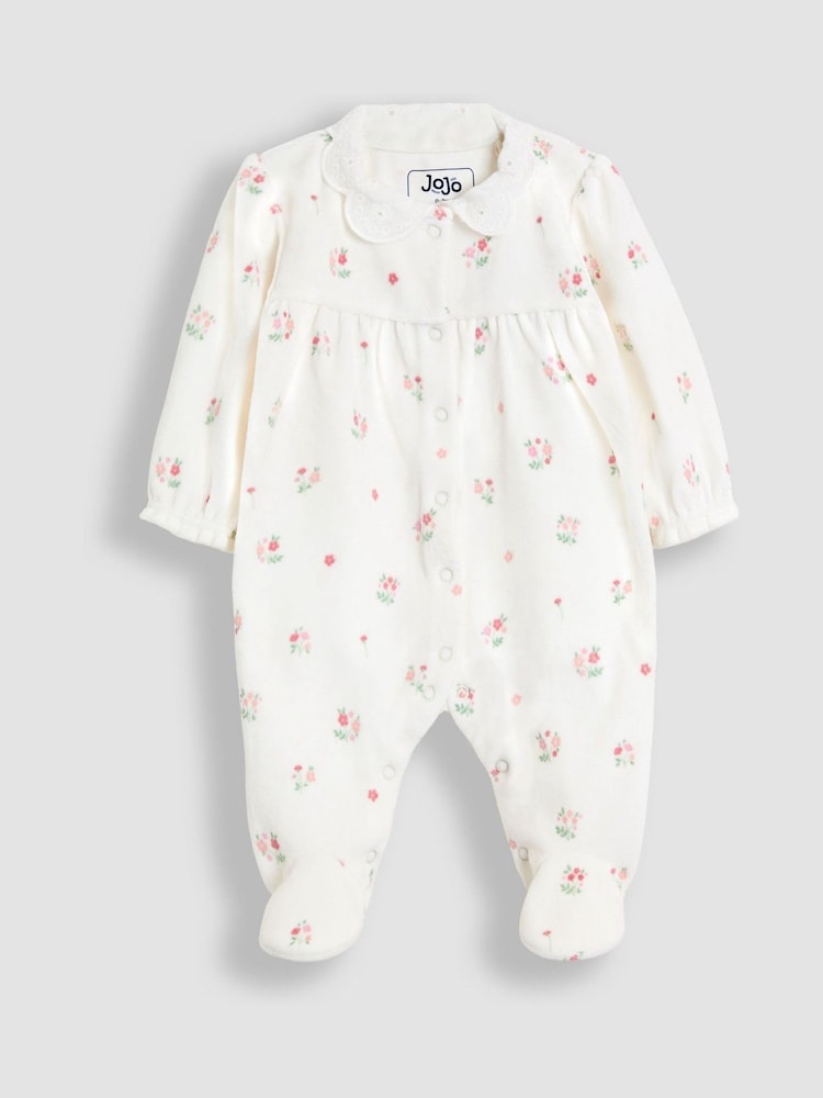 JoJo Maman Bébé Cream Ditsy Floral Velour Collared All-In-One - Image 1 of 3 JoJo Maman Bébé Cream Ditsy Floral Velour Collared All-In-One - Image 1 of 3