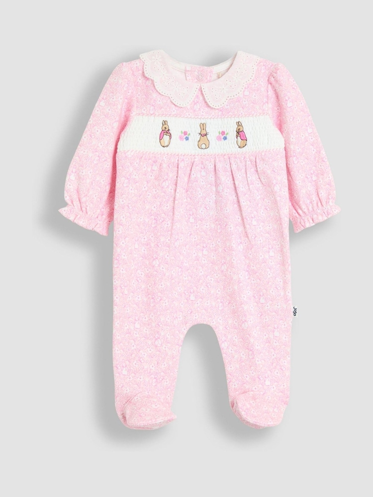 JoJo Maman Bébé Pink Smocked Collared Sleepsuit - Image 1 of 3