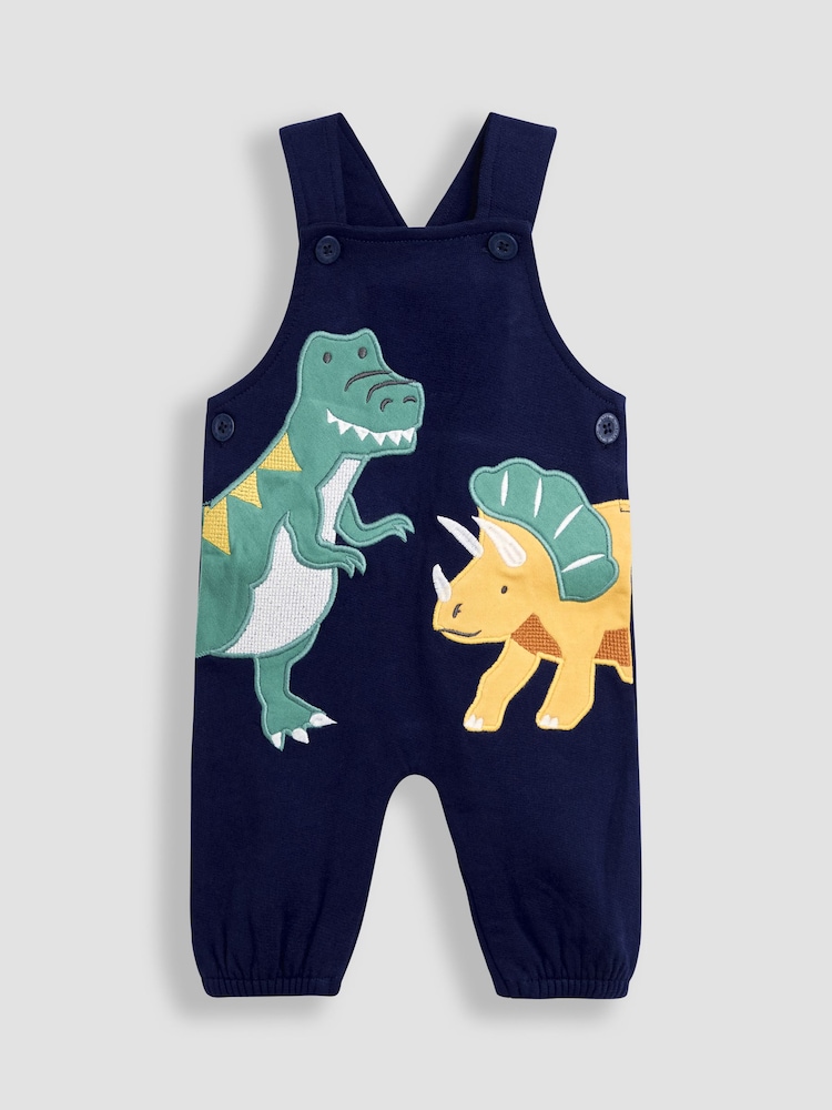 JoJo Maman Bébé Navy Blue Dino 2-Piece Appliqué Dungarees & Stripe Top Set - Image 2 of 8 JoJo Maman Bébé Navy Blue Dino 2-Piece Appliqué Dungarees & Stripe Top Set - Image 2 of 8