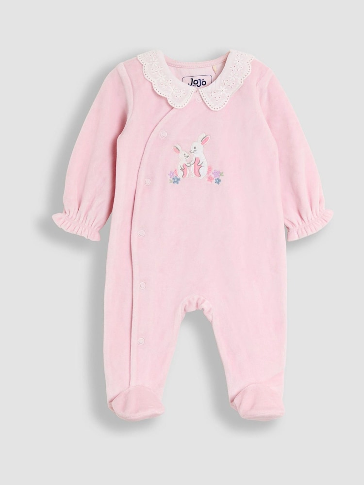 JoJo Maman Bébé Pale Pink Bunny Appliqué Velour Collared All-In-One - Image 1 of 3