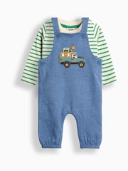 JoJo Maman Bébé Dark Blue 2-Piece Appliqué Dungarees & Stripe Top Set - Image 1 of 7