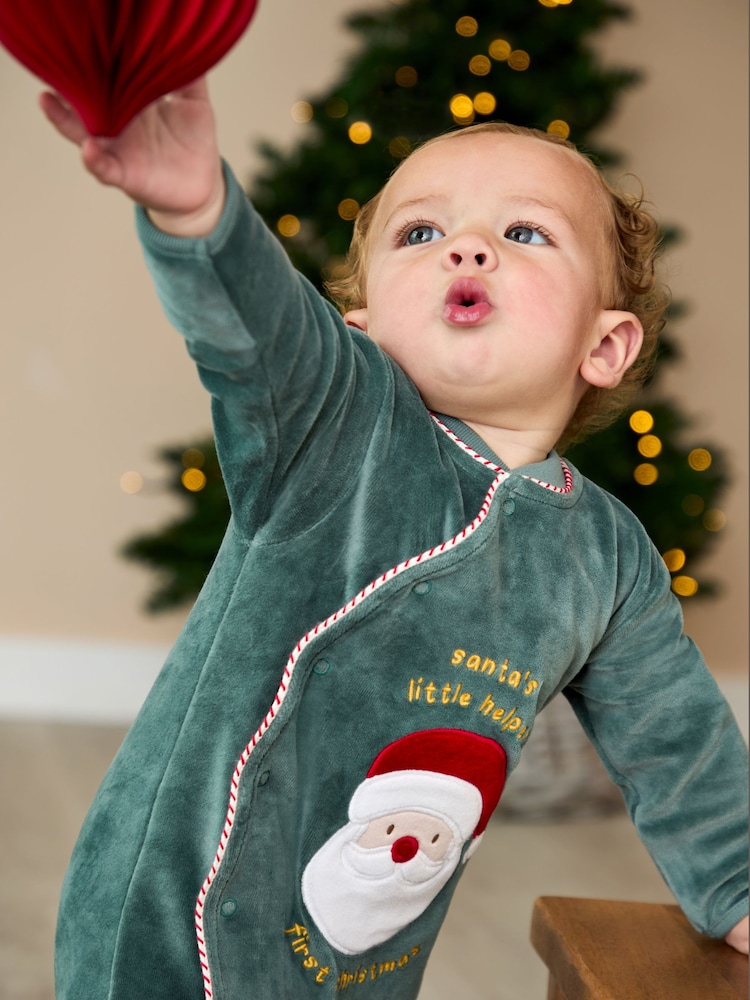JoJo Maman Bébé Green Santa My First Christmas Velour All-In-One - Image 2 of 3