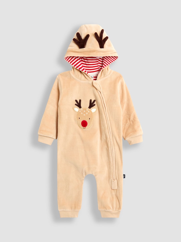 JoJo Maman Bébé Brown Christmas Reindeer Velour All-In-One - Image 1 of 3