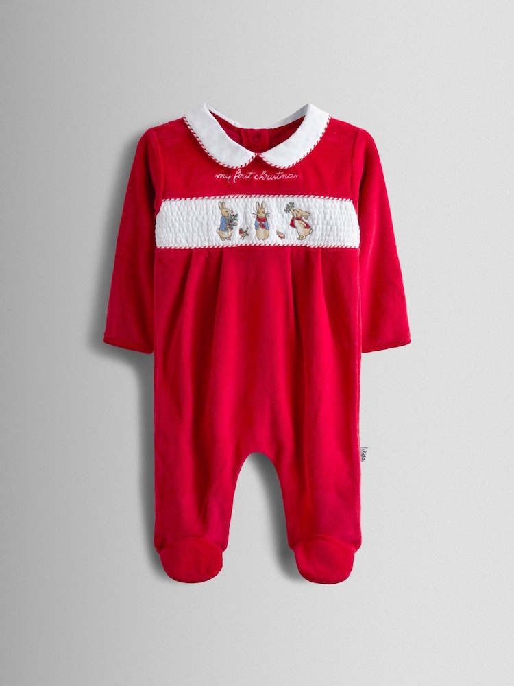 JoJo Maman Bébé Red Peter Rabbit Christmas Velour All-In-One - Image 1 of 3