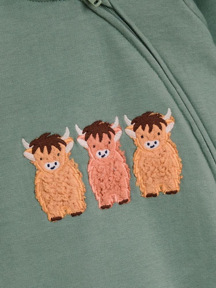 JoJo Maman Bébé Green Highland Cow Appliqué Hooded All in One - Image 4 of 4 JoJo Maman Bébé Green Highland Cow Appliqué Hooded All in One - Image 4 of 4