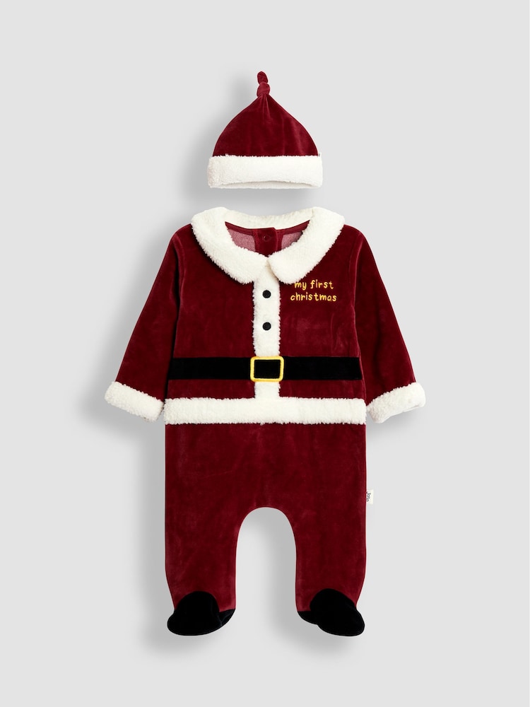 JoJo Maman Bébé My First Christmas Velour All-In-One & Hat Set - Bild 1 von 6