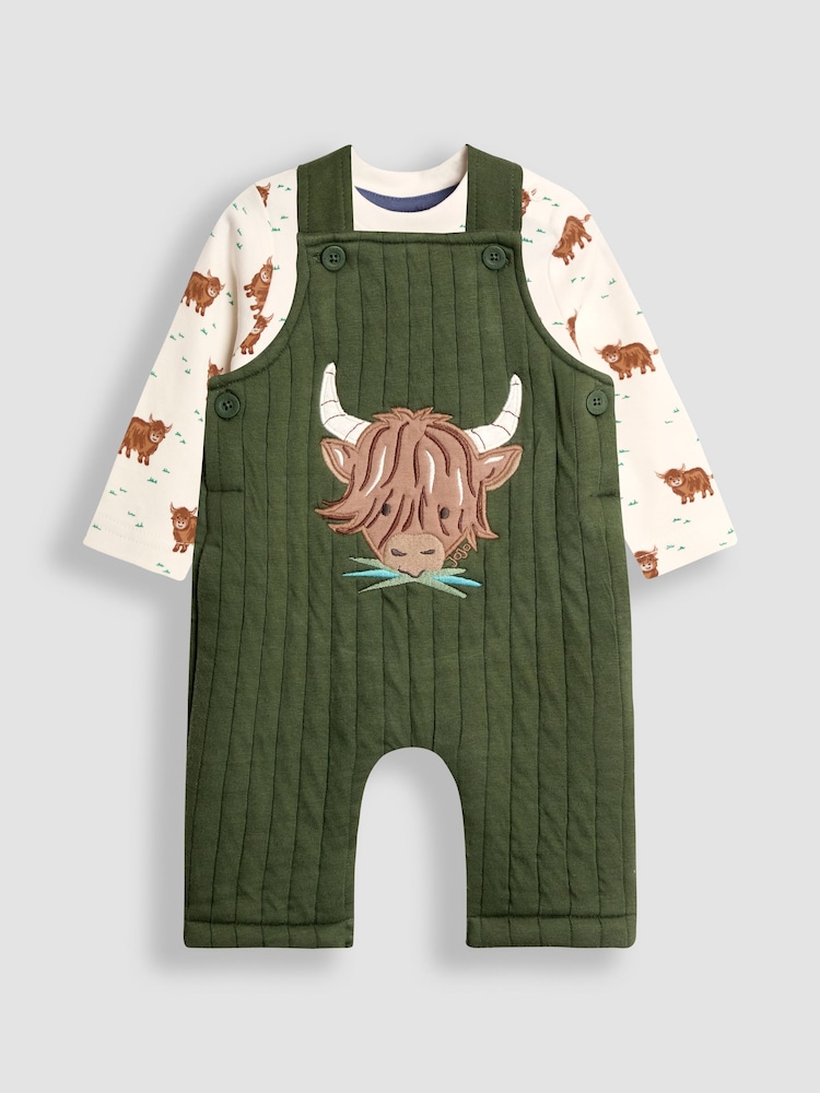 JoJo Maman Bébé Khaki Green Highland Cow 2-Piece Quilted Dungarees & Top Set - Image 1 of 6 JoJo Maman Bébé Khaki Green Highland Cow 2-Piece Quilted Dungarees & Top Set - Image 1 of 6