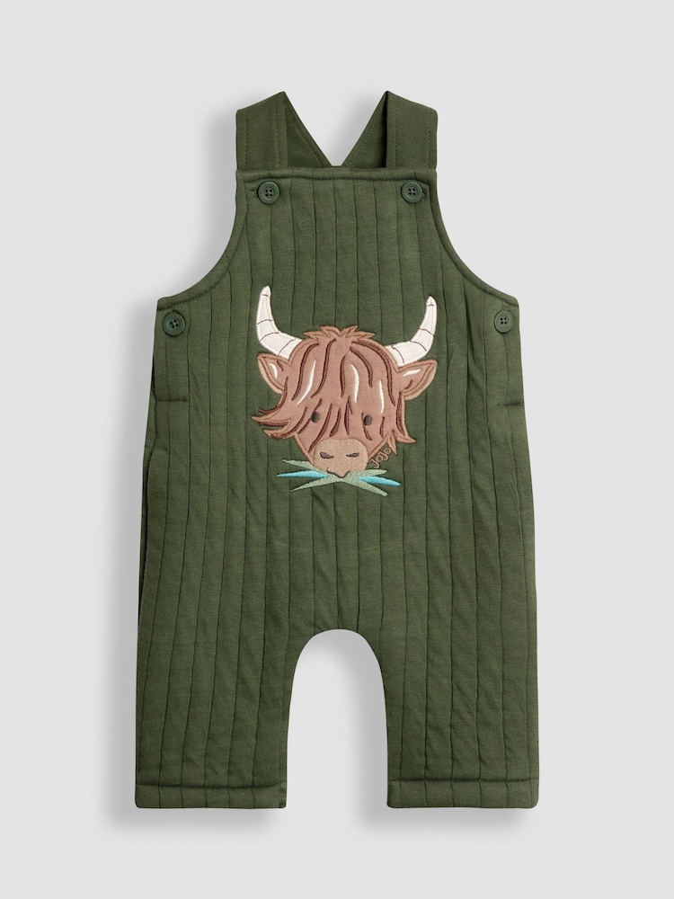 JoJo Maman Bébé Khaki Green Highland Cow 2-Piece Quilted Dungarees & Top Set - Image 2 of 6 JoJo Maman Bébé Khaki Green Highland Cow 2-Piece Quilted Dungarees & Top Set - Image 2 of 6