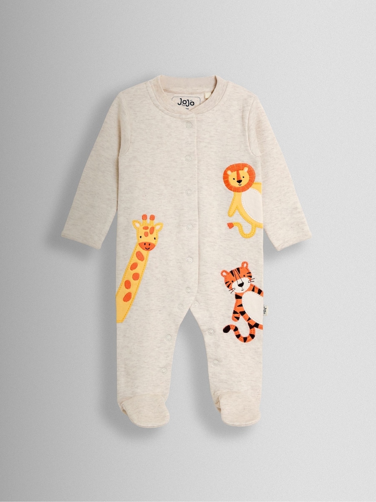 JoJo Maman Bébé Natural Safari 100% Cotton Footed Appliqué Sleepsuit - Image 1 of 3 JoJo Maman Bébé Natural Safari 100% Cotton Footed Appliqué Sleepsuit - Image 1 of 3