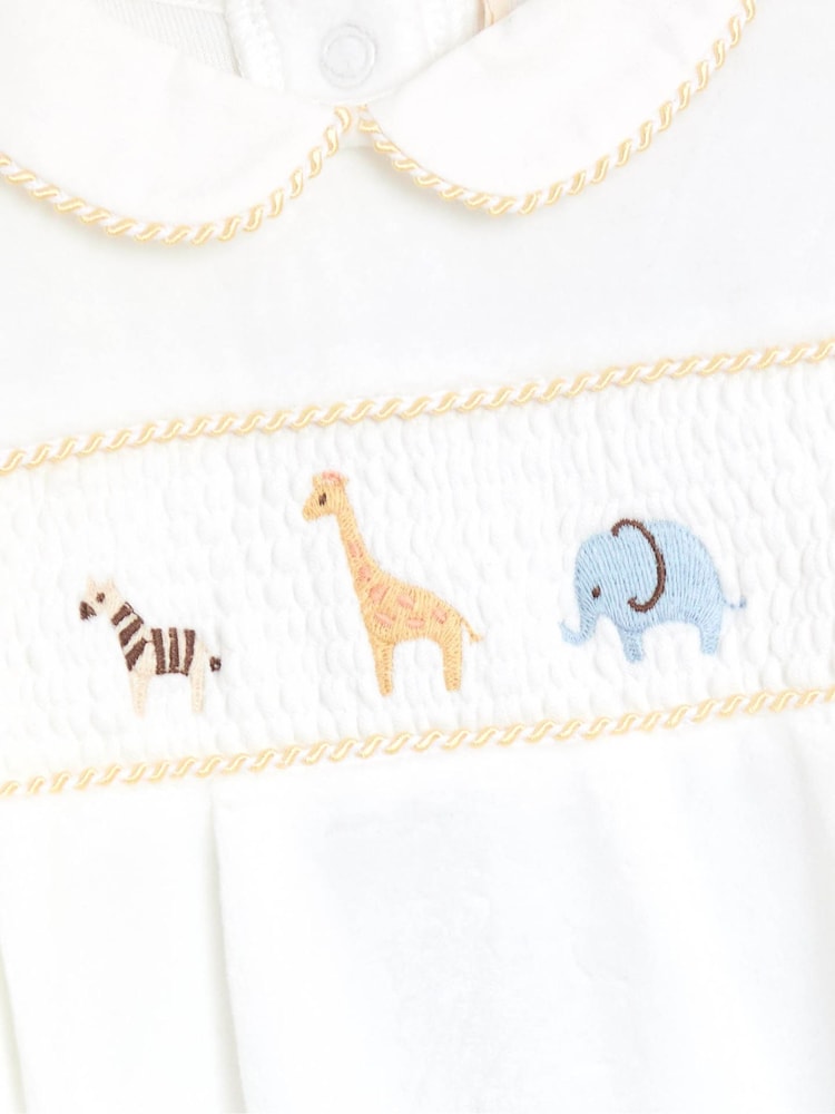 JoJo Maman Bébé Cream Safari Smocked Velour Footed All- In- One - Image 2 of 3 JoJo Maman Bébé Cream Safari Smocked Velour Footed All- In- One - Image 2 of 3