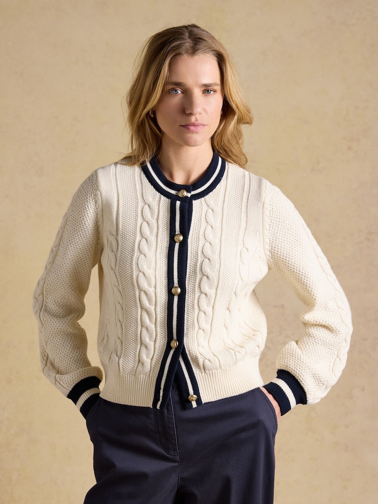Joules Cream Cotton Cable Crew Neck Cardigan - Image 1 of 7