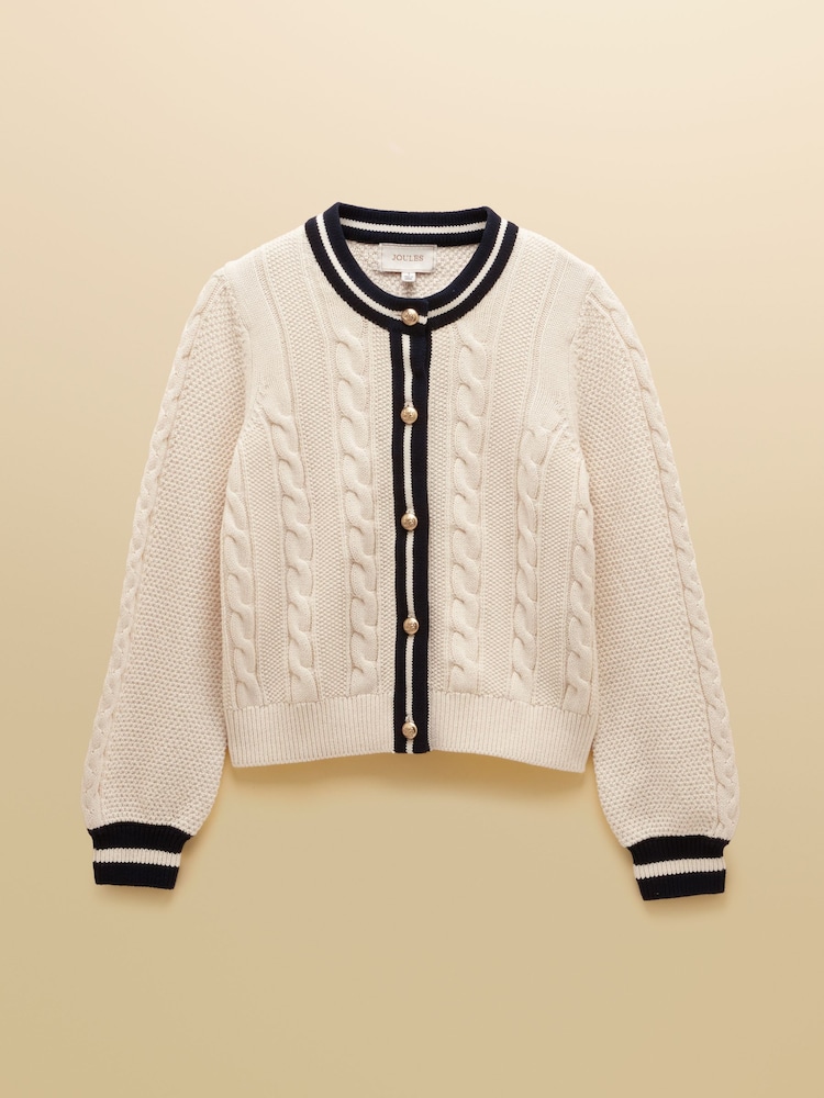 Joules Cream Cotton Cable Crew Neck Cardigan - Image 7 of 7