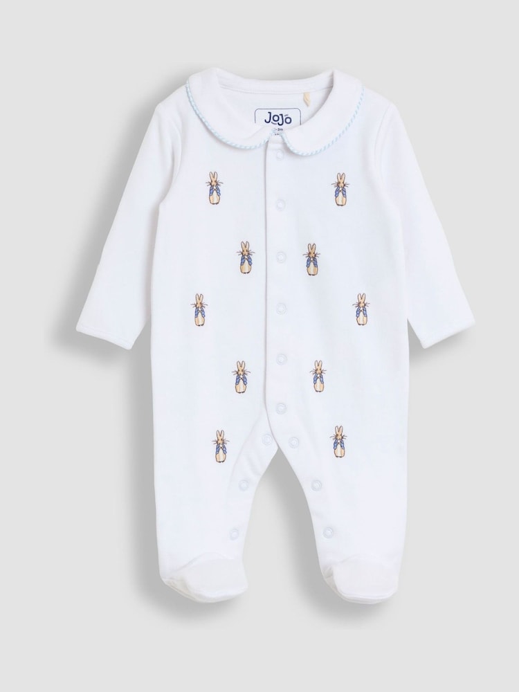 JoJo Maman Bébé White Peter Rabbit Embroidered Sleepsuit - Image 1 of 3 JoJo Maman Bébé White Peter Rabbit Embroidered Sleepsuit - Image 1 of 3