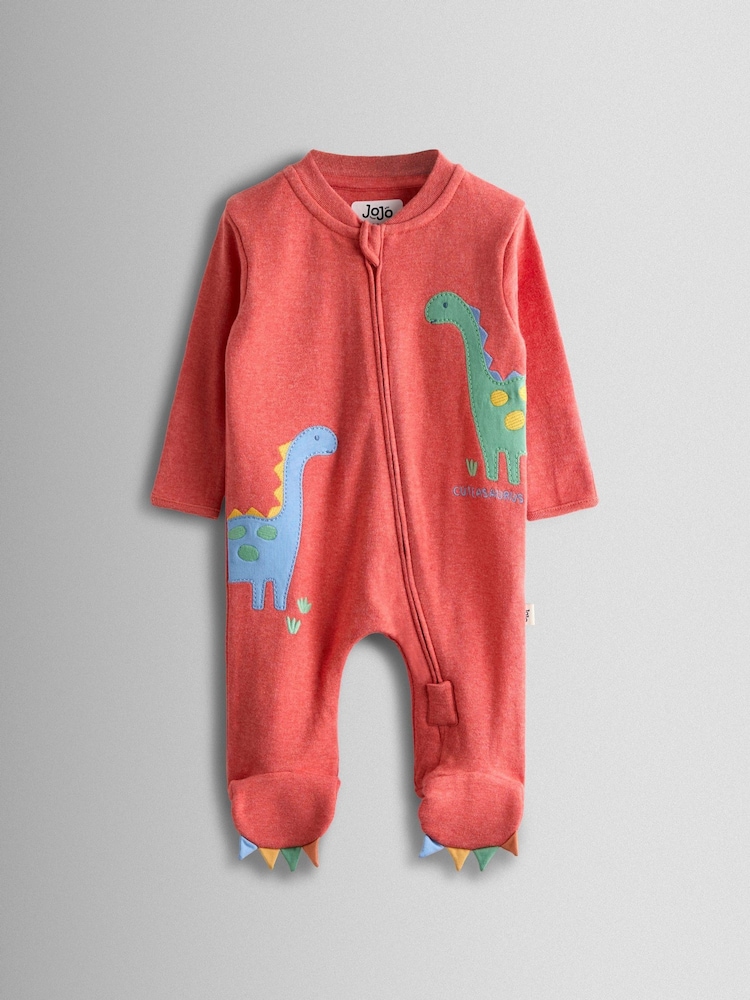 JoJo Maman Bébé Orange Dinosaur 100% Cotton Footed Appliqué Sleepsuit - Image 1 of 3 JoJo Maman Bébé Orange Dinosaur 100% Cotton Footed Appliqué Sleepsuit - Image 1 of 3