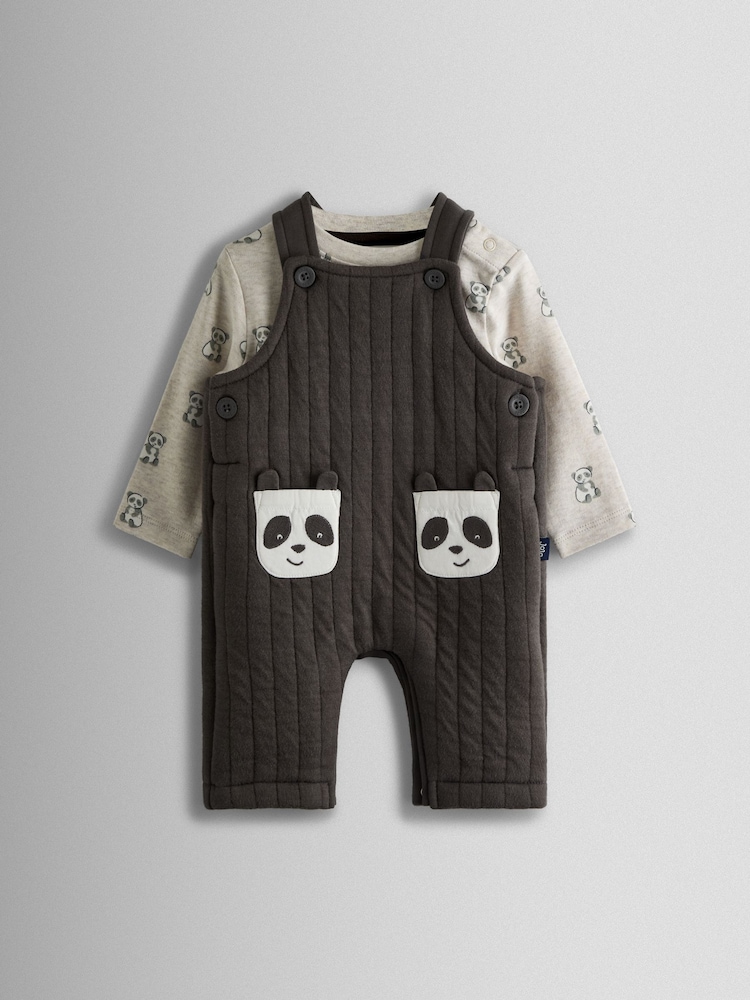 JoJo Maman Bébé Charcoal Grey Panda 2-Piece Quilted Dungarees & Top Set - Image 1 of 6 JoJo Maman Bébé Charcoal Grey Panda 2-Piece Quilted Dungarees & Top Set - Image 1 of 6