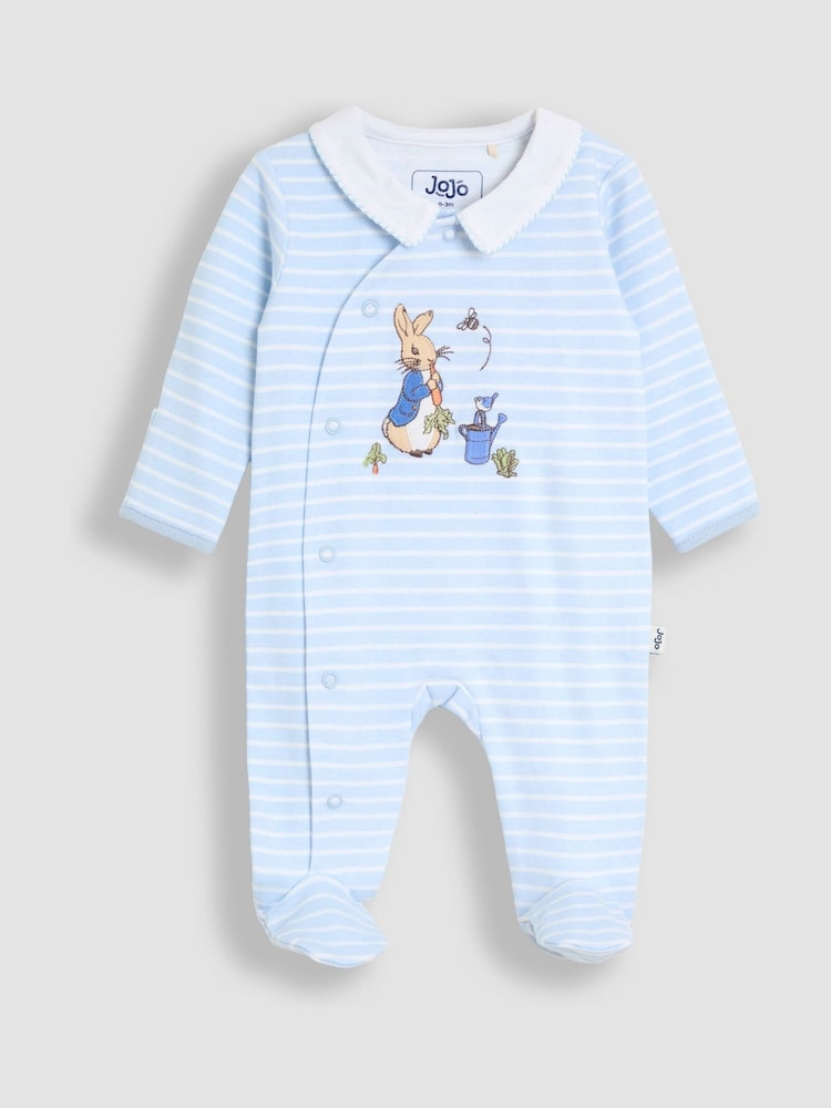 JoJo Maman Bébé Blue Stripe Appliqué Footed Sleepsuit - Image 1 of 3 JoJo Maman Bébé Blue Stripe Appliqué Footed Sleepsuit - Image 1 of 3