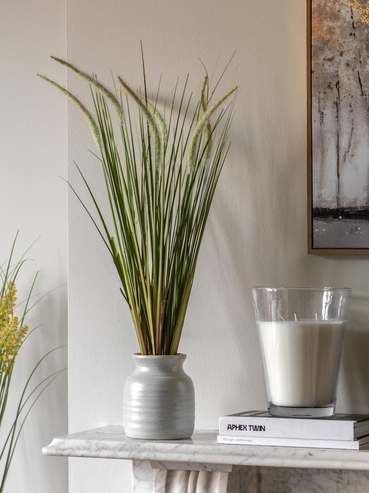 Gallery Home White Faux Potted Grass with Feathered Wildflower - Image 1 of 6