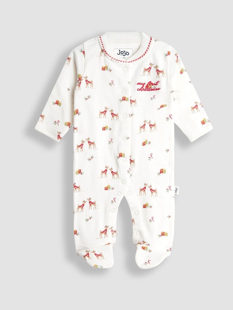 JoJo Maman Bébé Cream Raindeer Christmas Printed Footed Sleepsuit - Image 1 of 3