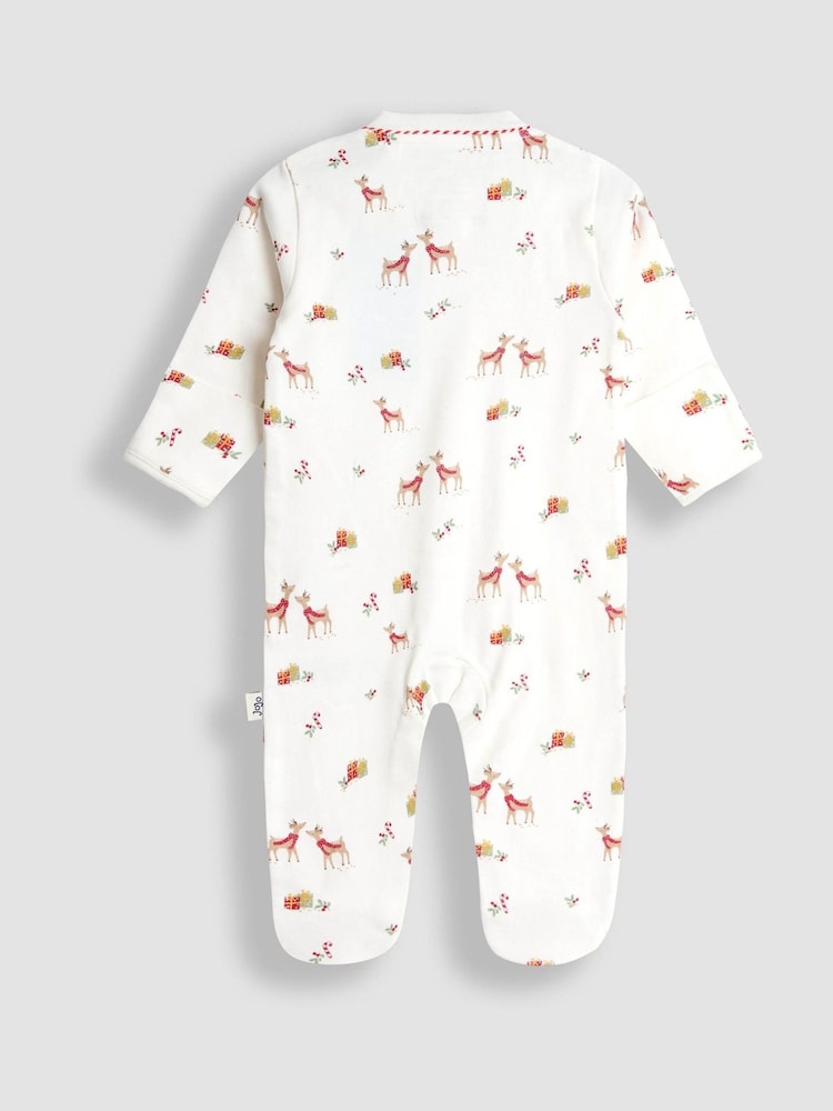 JoJo Maman Bébé Cream Raindeer Christmas Printed Footed Sleepsuit - Image 2 of 3