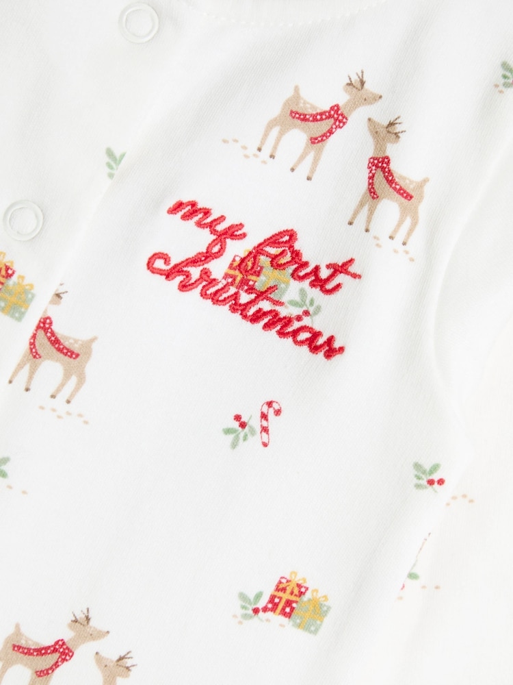 JoJo Maman Bébé Cream Raindeer Christmas Printed Footed Sleepsuit - Image 3 of 3