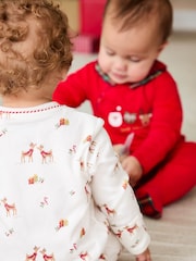 JoJo Maman Bébé Cream Raindeer Christmas Printed Footed Sleepsuit - Image 4 of 7
