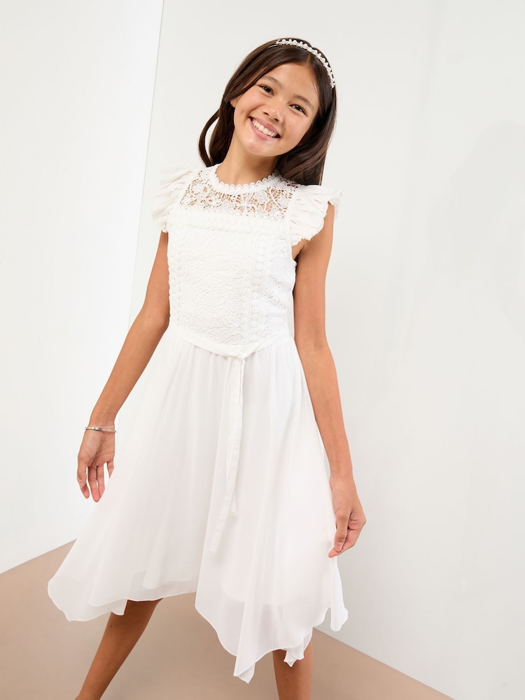 Lipsy White Lace Front Flutter Sleeve Occasion Dress (5-16yrs) - Image 1 of 5 Lipsy White Lace Front Flutter Sleeve Occasion Dress (5-16yrs) - Image 1 of 5